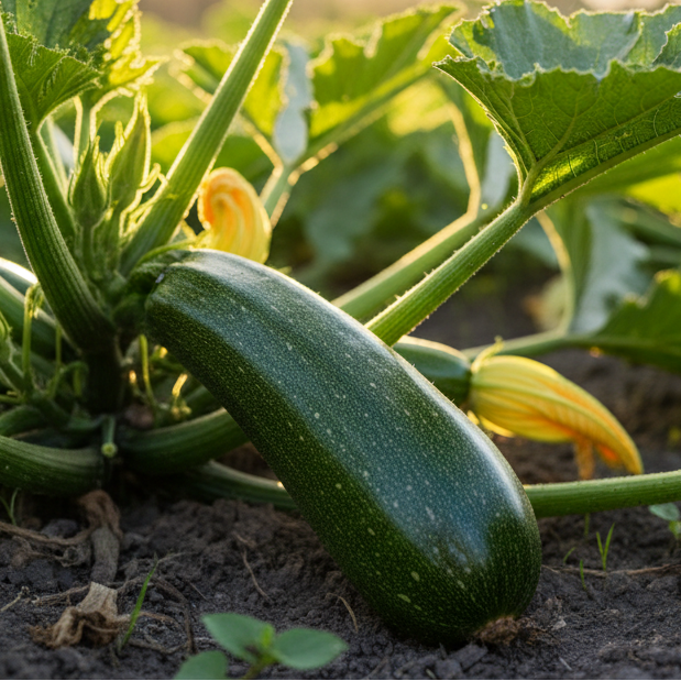 Create a realistic close-up photo of Zucchini in its natural environment.
Show Zucchini growing naturally on the plant or tree it comes from.
Use a shallow depth of field with a softly blurred background.
Lighting must be strong and natural, like midday sunlight, with warm highlights and realistic shadows.
The scene should feel authentic, fresh, organic, and premium quality.