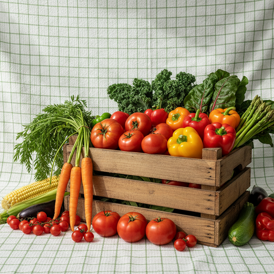 Keep the fruit and vegetable crate exactly as it is, filled naturally.
Add a few matching fruits and vegetables placed around the crate on the ground for a more abundant look.
Replace the background with a full white textured kitchen cloth covered with a green grid pattern (color #a5d290), extending seamlessly as a studio cyclo behind and under the scene.
Use bright outdoor sunlight with soft natural shadows.
Add subtle tree-leaf shadows across the background and cloth, creating dappled light.
Keep the scen