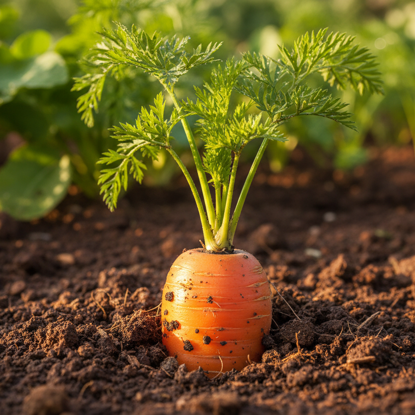 Create a realistic close-up photo of carrot in its natural environment.
Show carrot growing naturally on the plant or tree it comes from.
Use a shallow depth of field with a softly blurred background.
Lighting must be strong and natural, like midday sunlight, with warm highlights and realistic shadows.
The scene should feel authentic, fresh, organic, and premium quality.
