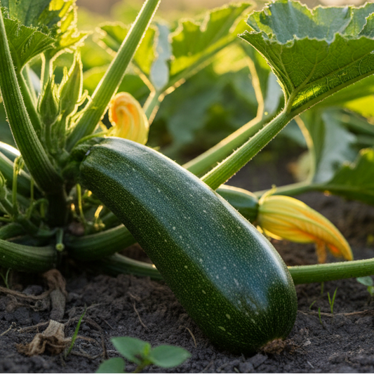 Create a realistic close-up photo of Zucchini in its natural environment.
Show Zucchini growing naturally on the plant or tree it comes from.
Use a shallow depth of field with a softly blurred background.
Lighting must be strong and natural, like midday sunlight, with warm highlights and realistic shadows.
The scene should feel authentic, fresh, organic, and premium quality.
